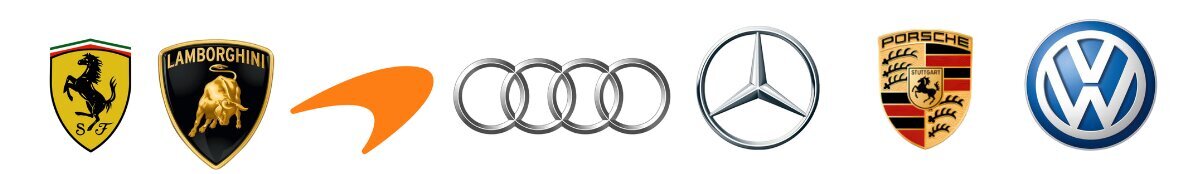 Ferrari, Lamborghini, McLaren, Audi, Mercedes, Porsche, Volkswagen